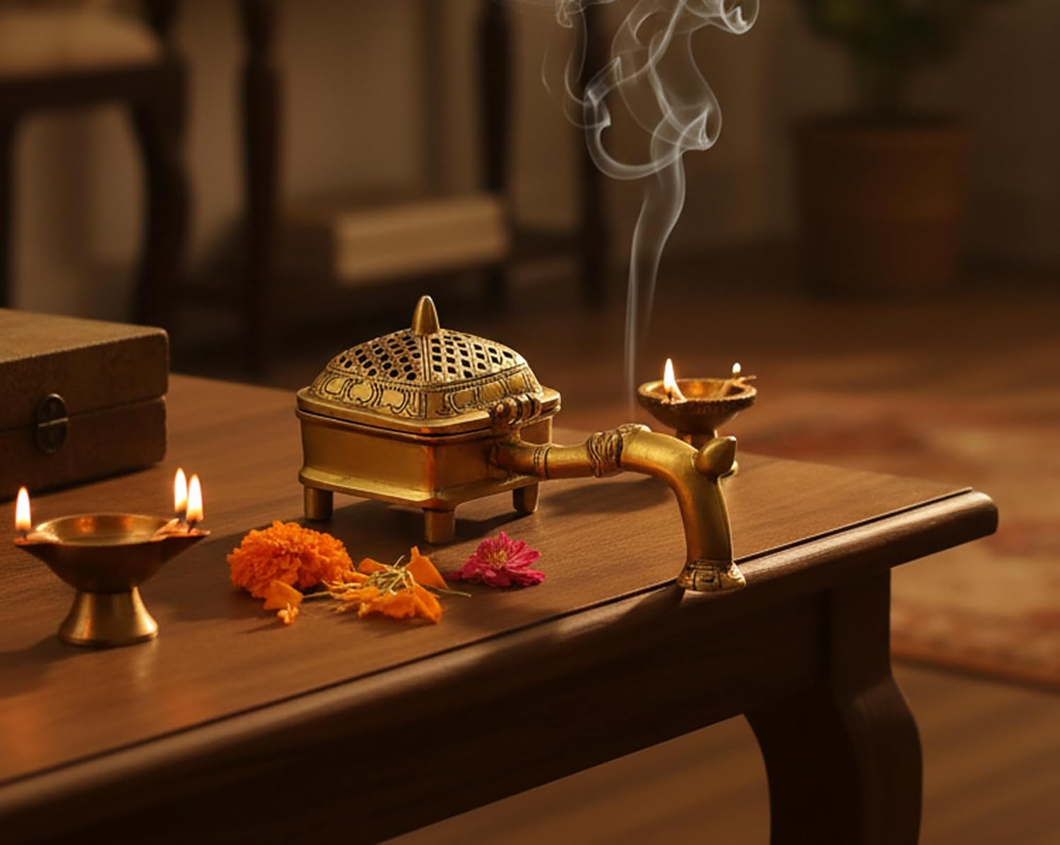Esplanade Brass Incense Burner Dhoop Dani Stand with Handle- 15 Cms(Square)